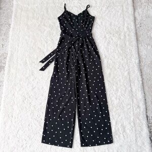Monteau Woman Black Chiffon Polka Dot V-Neck Sleeveless Wide Leg Jumpsuit XS